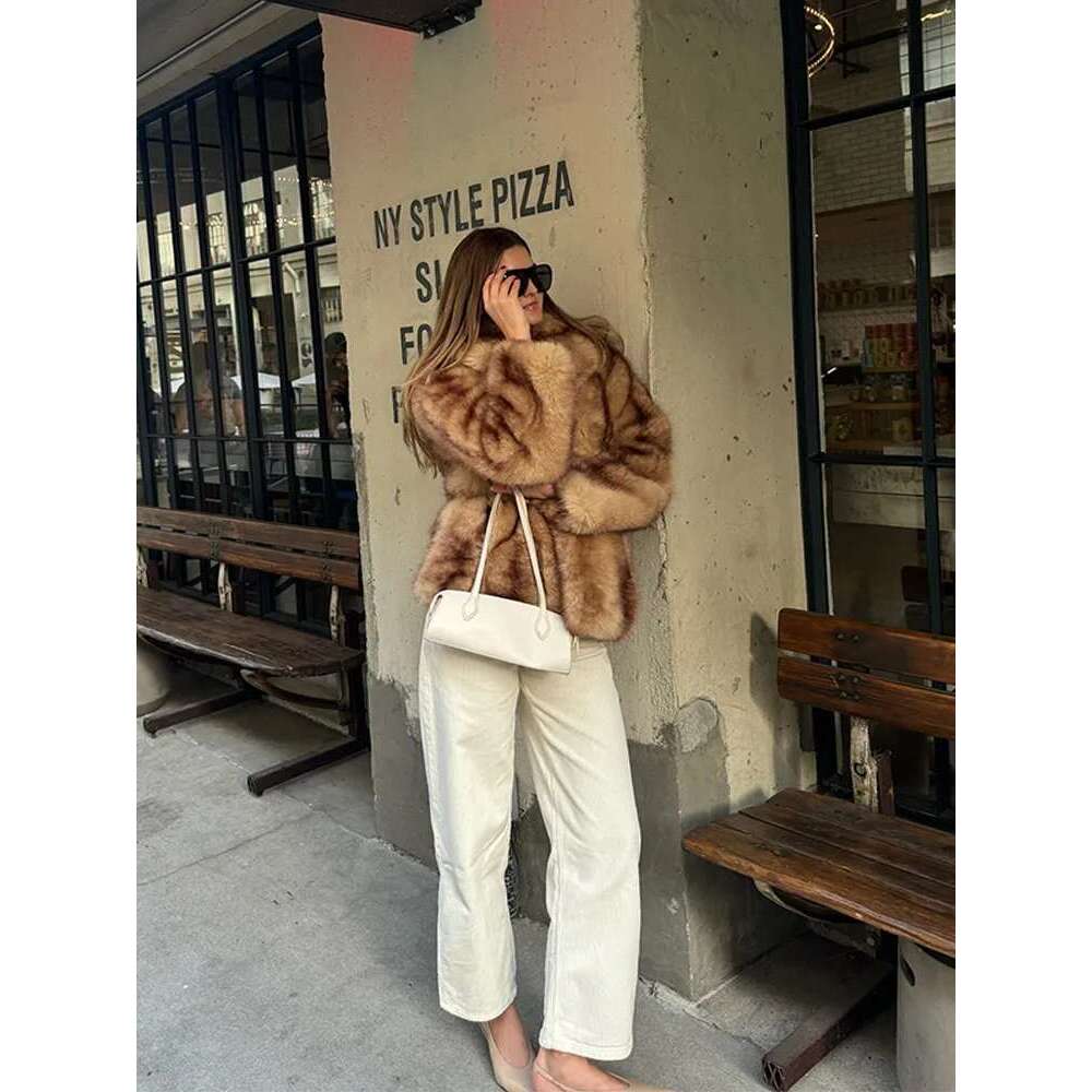 Vintage Faux Fur Women Coat Full Sleeve Loose Lady Jacket 2025 Early Spring Fashion Elegant Belt Thicken Warm Female Outwear