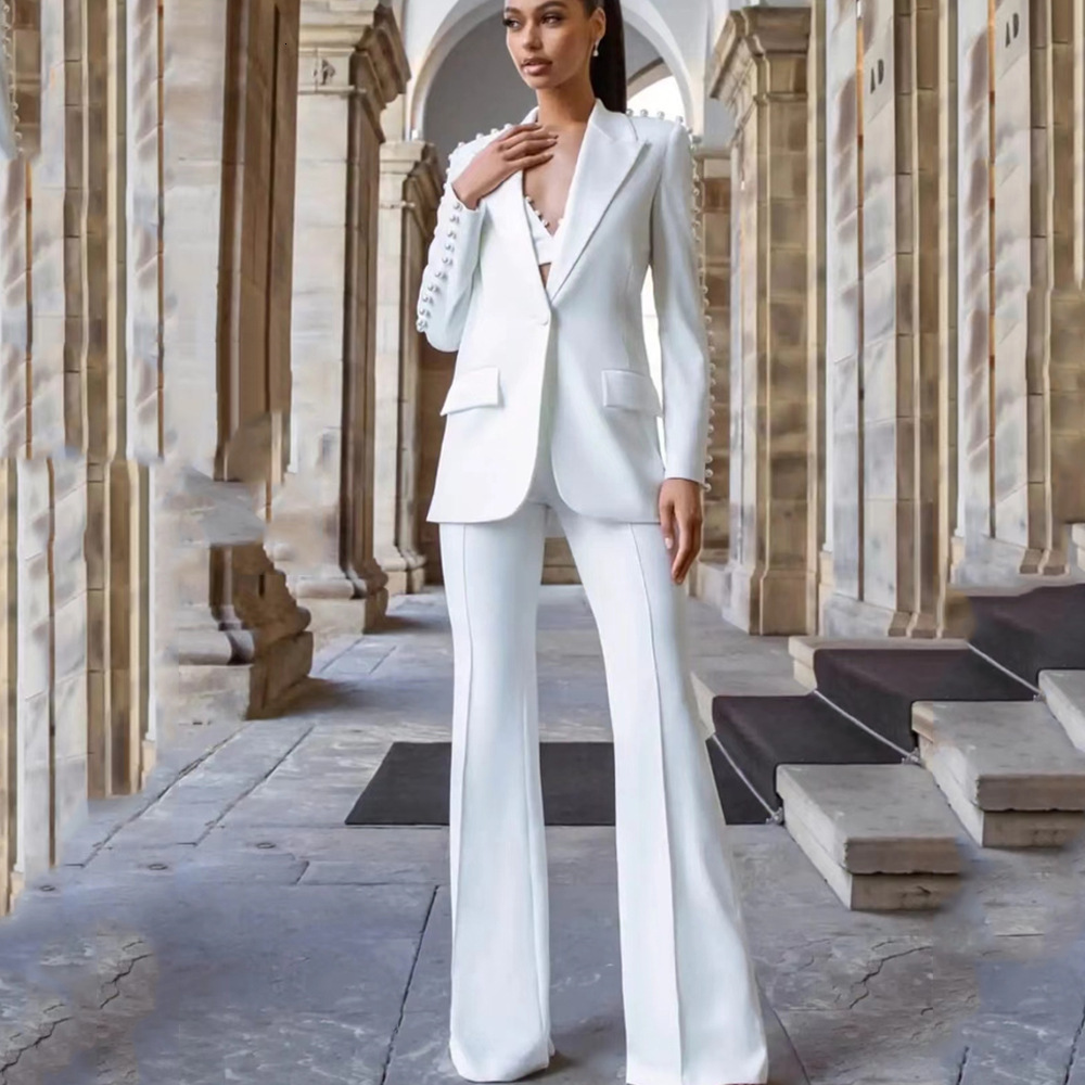 Wind 2023 Spring and Autumn White Mid length Suit Top Wide Leg Pants Fashion Two Piece Set Temperament Set 230317