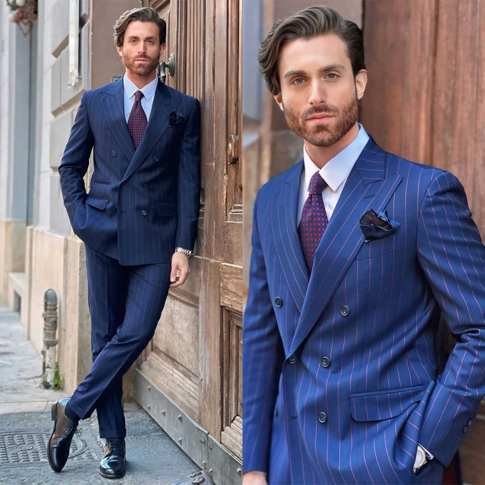 Fashion Pinstripe Wedding Tuxedos 2 Piece Set Jacket Pants Peaked Lapel Men Suit Handsome Customized Groom Wear Party Suits