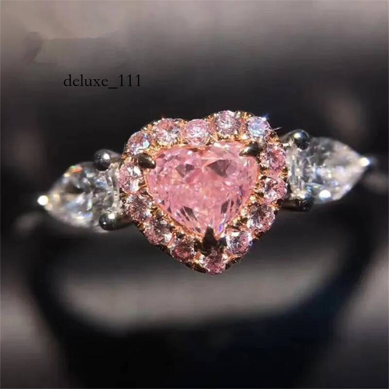 Sweet Cute Wedding Rings Simple Fashion Jewelry Real Sterling Sier Heart Shape Pink Sapphire CZ Dia Gemstones Eternity Women Engagement Band Ring Gift