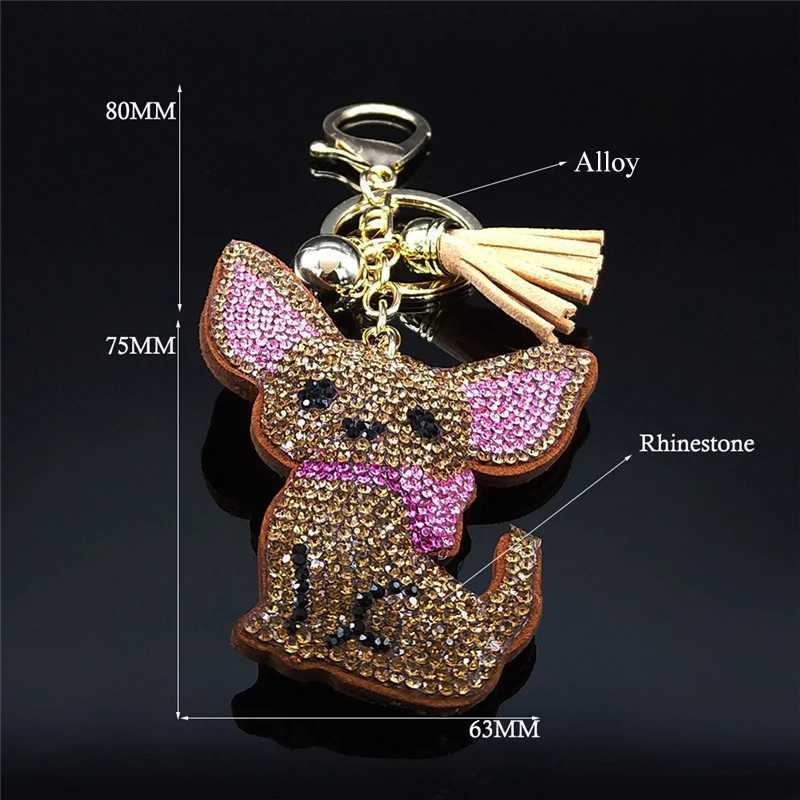 New Arrival Cute Chihuahua Dog Crystal Keychain Bag Accessories for Women Gold Color Female Keyring Jewelry llaveros para mujer K7326S01 U250604