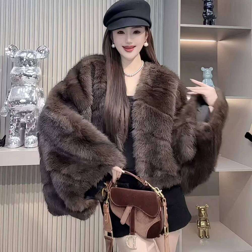 Faux Fur Coat For Women, Covered Button Jacket, Bat Sleeve Outerwear, England Style, Thick Furry, Autumn And Winter, New, 2024