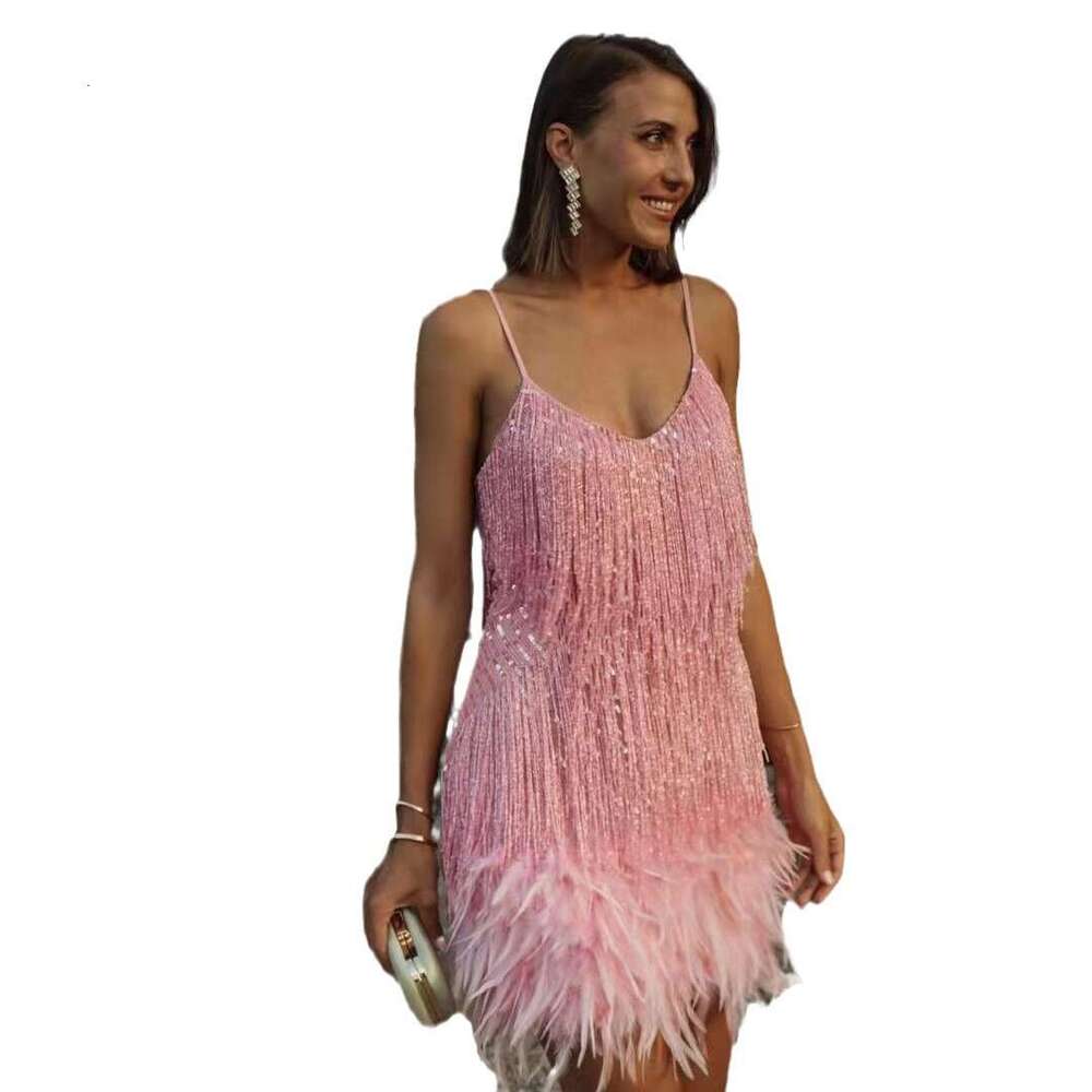 Summer New Fashion Tassel Sequin Feather Patchwork Color Dress For Women B5