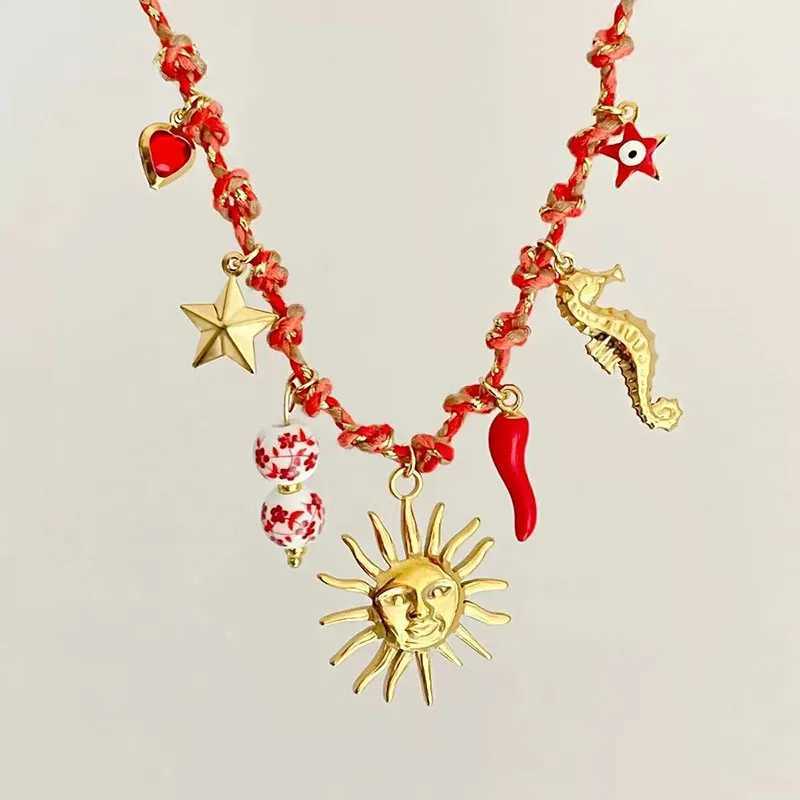 New Summer Sea Love Wind Starfish Pearl Love Pendant Colorful Dopamine Rope Necklace Gold Color Jewelry Gifts XJ250604