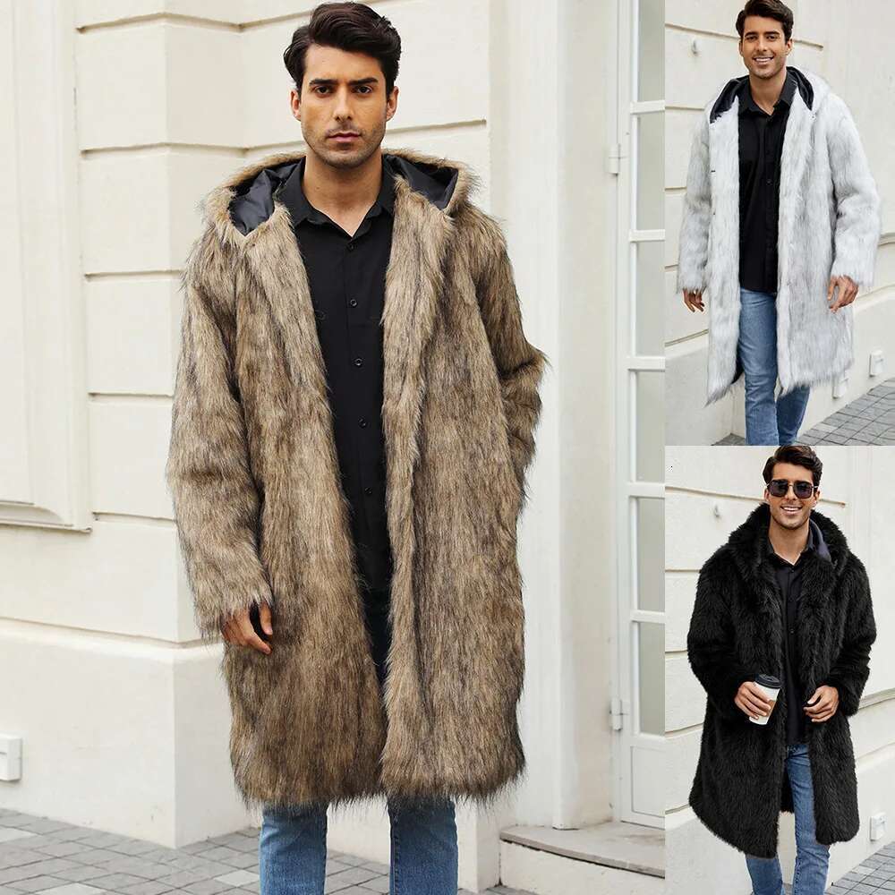 Faux Fur Coat Men Warm Loose Long Coats Hoodies Full Sleeve Midi Waist Thick Jackets Elegant Male Jacket Autumn Winter