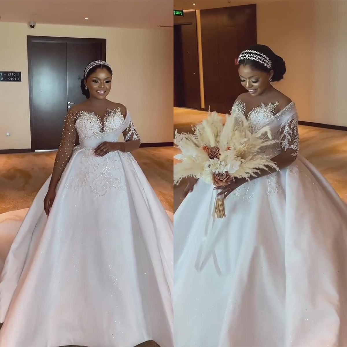 Luxury Sequined Lace Wedding Dresses A Line Cathedral Train Illusion Long Sleeves Beaded Bride Gowns Custom Made Tiered Castle Bridal Dresses Floor Le