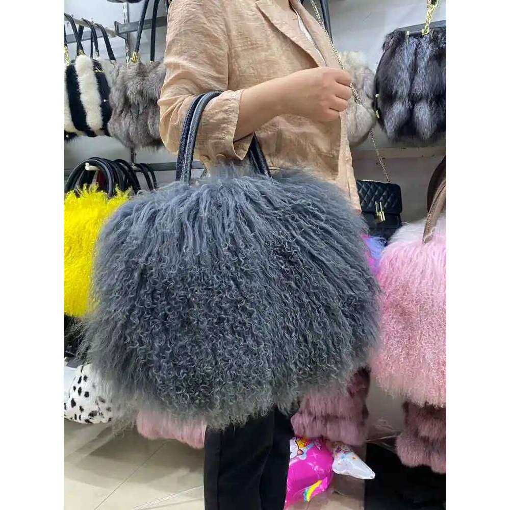MWfur Handbag Fashion Long Hair Tote Bag Mongolian Lamb Fur Bags for Women