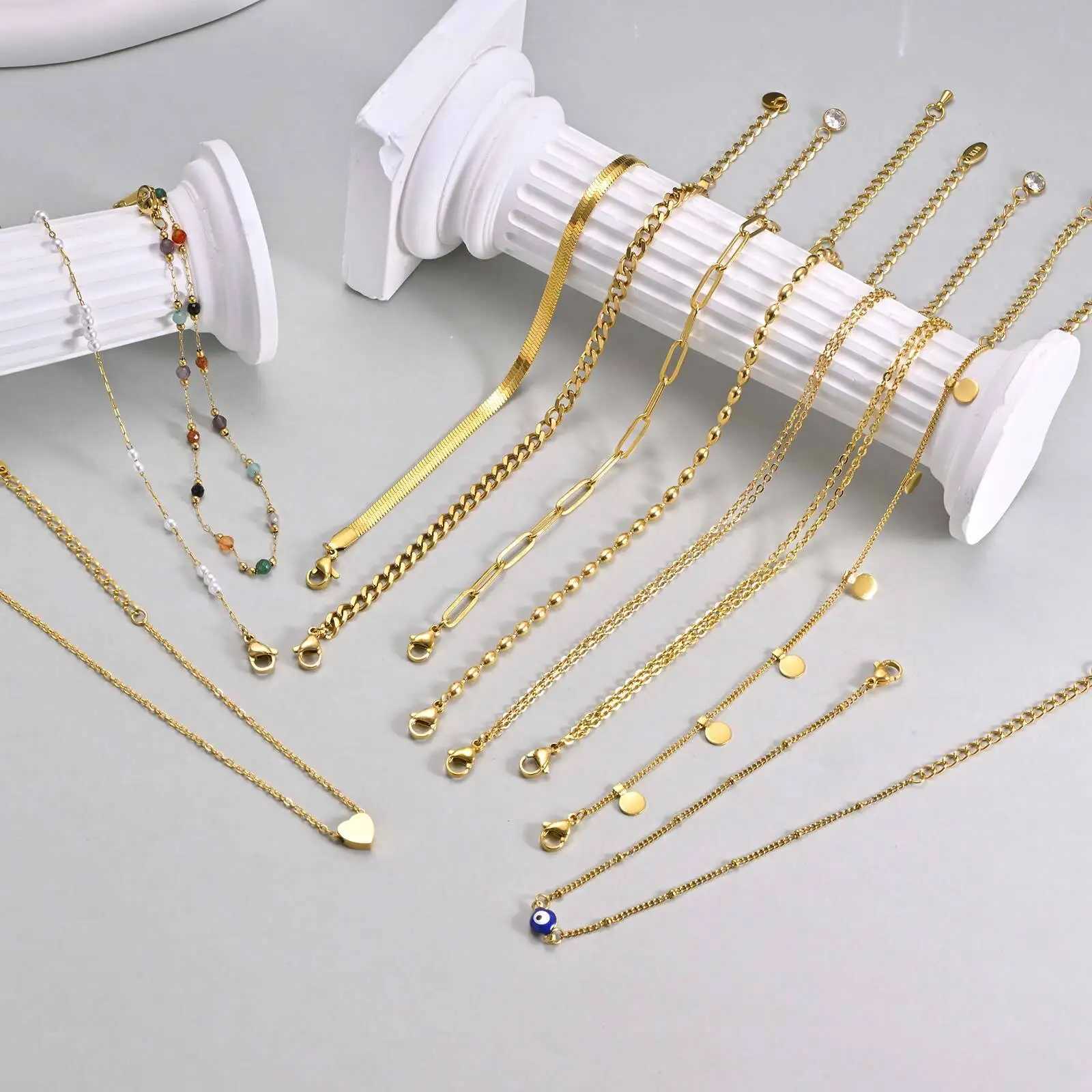Waterproof Pearls Beaded Paperclip Evil Eye Anklet Bracelet Gold Plated Stainless Steel Link Chain Anklets Summer Beach Jewelry W250604