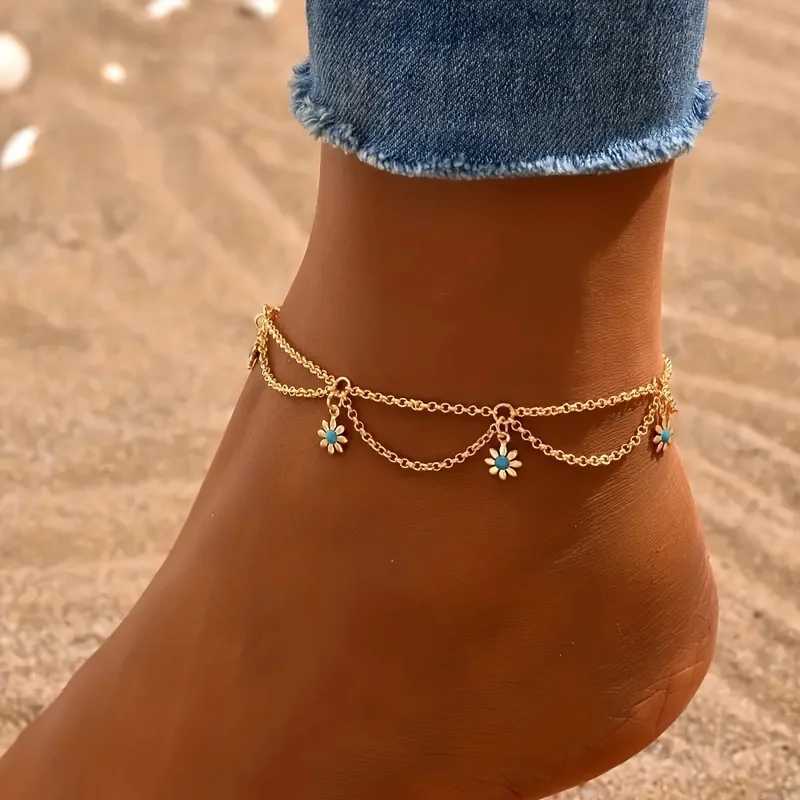 Bohemian Double Layers Sweet Flower Pendant Anklet Women Sparkling Summer Beach Party Gift Jewelry Accessories W250604