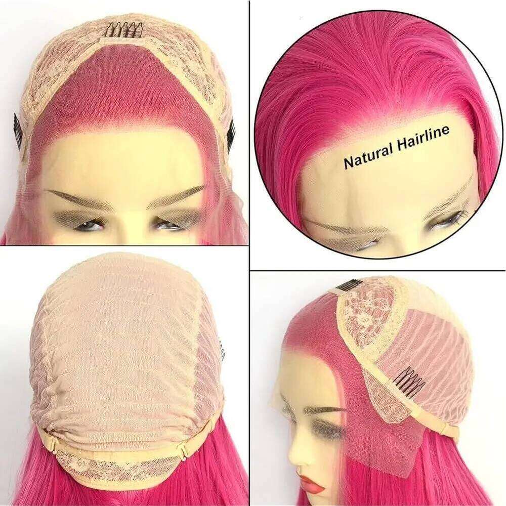 Rose Straight Synthetic Lace Glueless Wigs For Women Natural Hairline Daily Wear Long Pink Wig Cosplay Part Front Hair