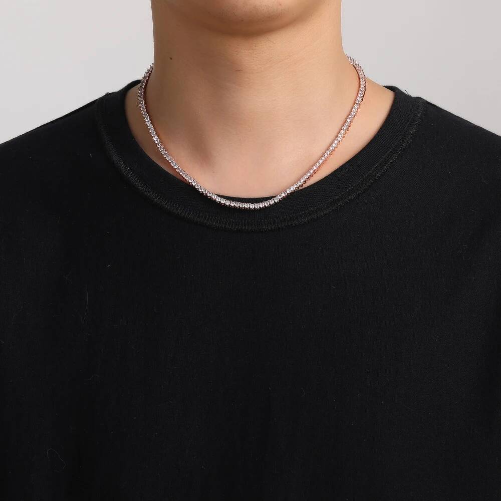 3MM Rose Gold Color White CZ 3 Prong Set Tennis Chain Women Necklace Fashion Jewelry BC101