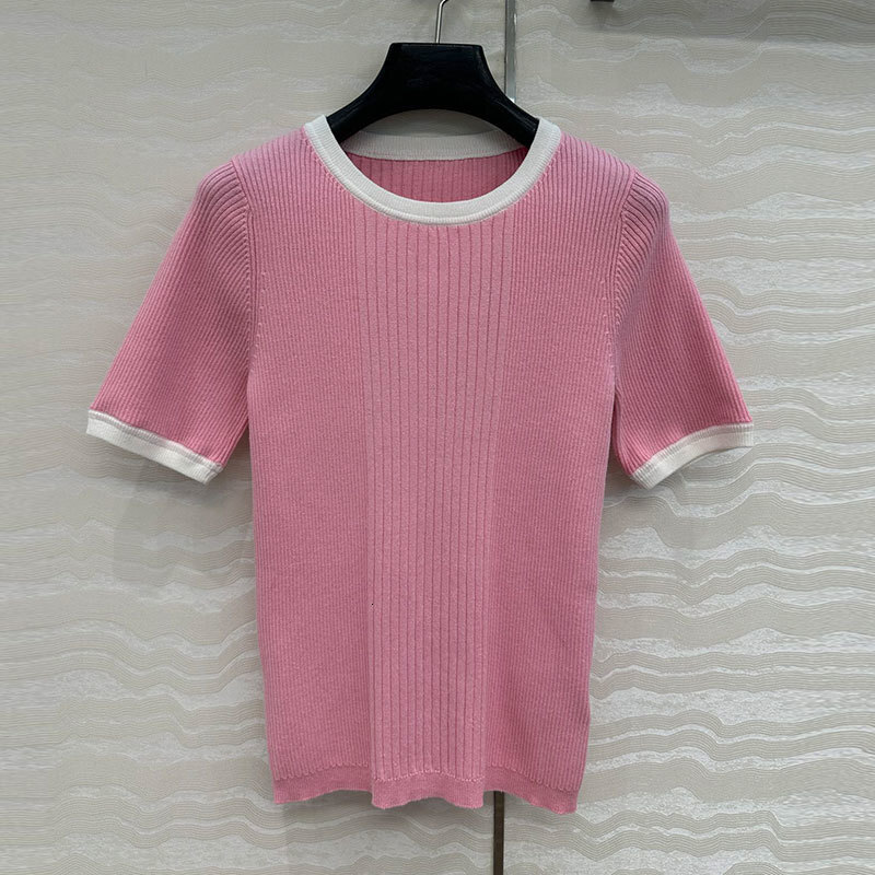 Summer Women's Color Block Fitted Knit Top Fashion Round Neck Jacquard Pure Cotton Short Sleeve Pink/Grey Designer Classic Retro Luxury Clothing
