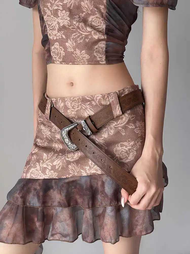 Y2K subculture retro engraved waist belt womens rose pattern brown pants belt niche design sense leather belt W250604