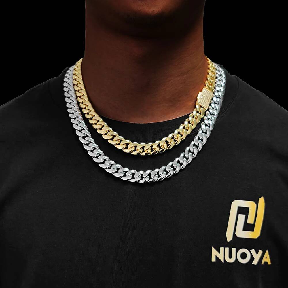 Hip Hop Rapper CZ Jewelry 12/22MM Real Gold Plated Solid Miami Cuban Link Chain Necklace For Men