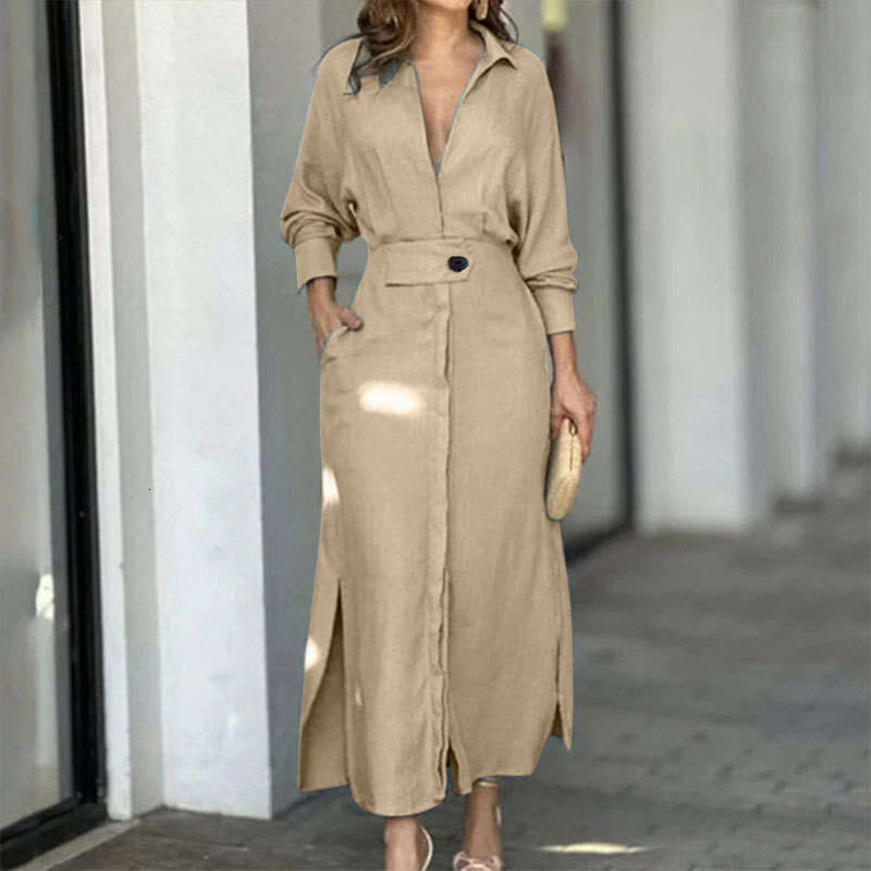 New Elegant Women's Commuter Tie Solid Color Waist-Cinching Long Sleeve Irregular Shirt Dress For Women B5