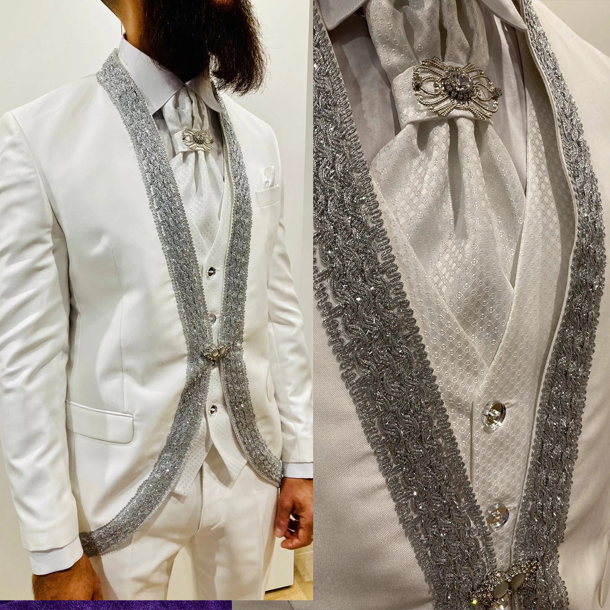 Fashion Man Suits Fit Slim Beading Shawl Lapel Muslim Blazer Party Prom 2 Pieces Set Rhinestone Customized One Button Jacket Pants Plus Size
