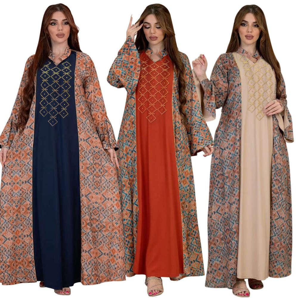 Because0264 Muslim Ethnic Clothing Fashion Print Color-Block Rhinestone Embellished Robe B5