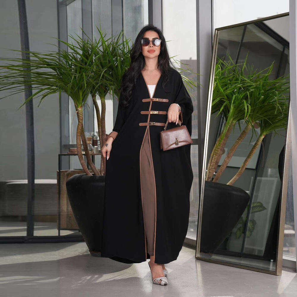 Modest Fashion Cardigan With Leather Buttons Abaya Turkish Color Block Long Robe For Outerwear Arabic B5