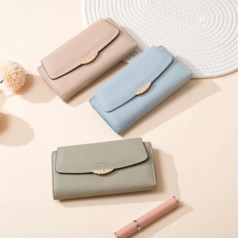 Long wallet Japan and South Korea small fresh PU leaf buckle solid color zipper folding multi-card document bag long preppy