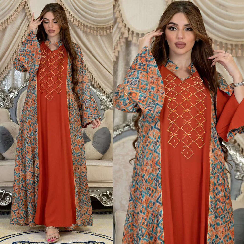 Because0264 Muslim Ethnic Clothing Fashion Print Color-Block Rhinestone Embellished Robe B5
