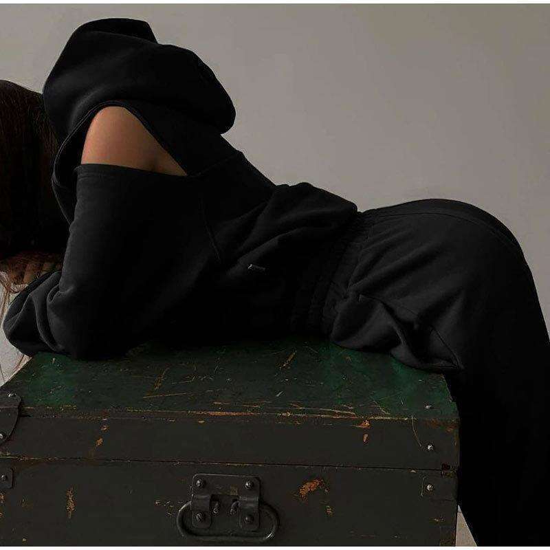 Women's Fashion New Two-Piece Solid Color Hooded Short Sweatshirt With Jogger Pants Set B5