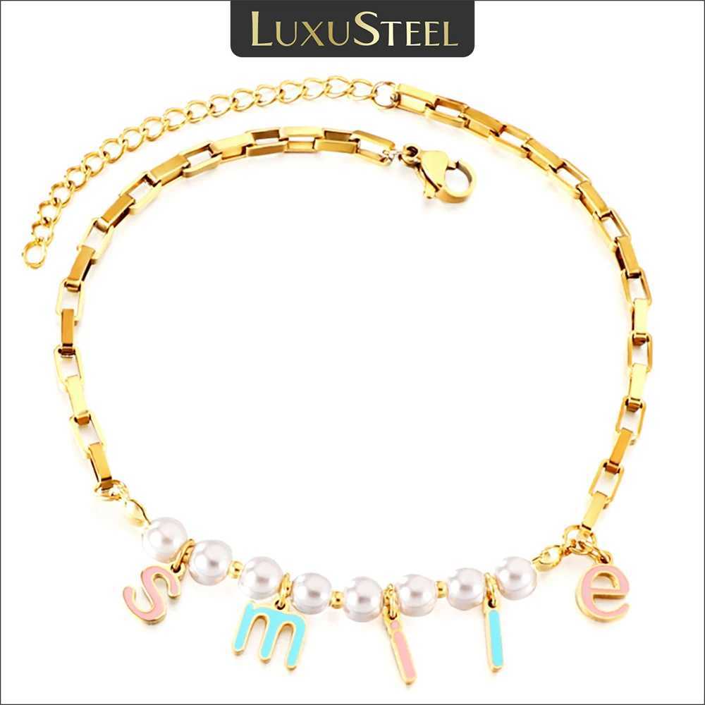 LUXUSTEEL Boho Smile Letter White Pearl Anklet for Women Stainless Steel Cable Chain Summer Beach Bracelet on the Leg Gifts W250604