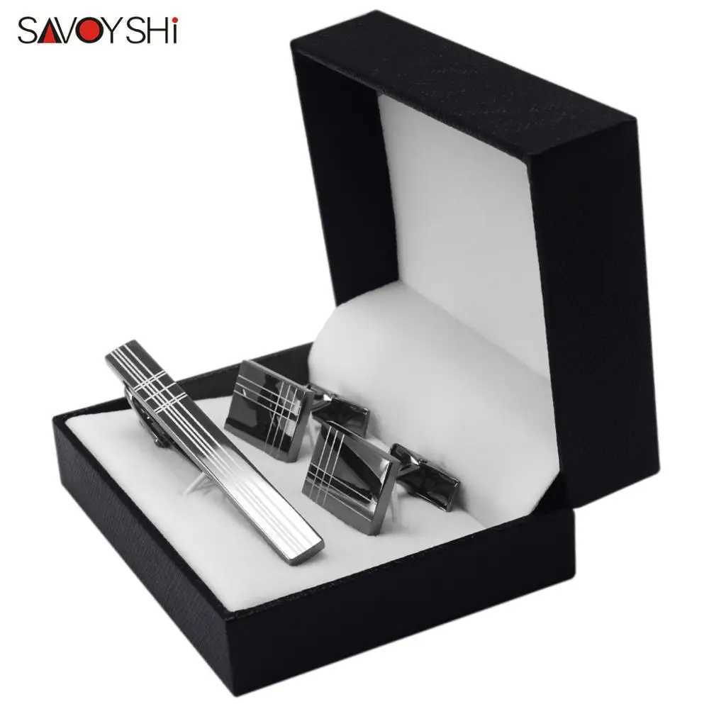 SAVOYSHI Classic Square Black Laser Stripe Business Mens Cufflinks Tie Clips Set High Quality Necktie Pin Tie Bars Clip Clasp W250604