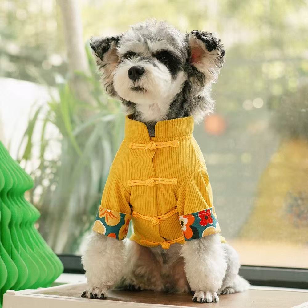 T00381 Chinese style dog clothes autumn and winter new pet shirt jacket Bichon Schnauzer small dog cat clothes trend