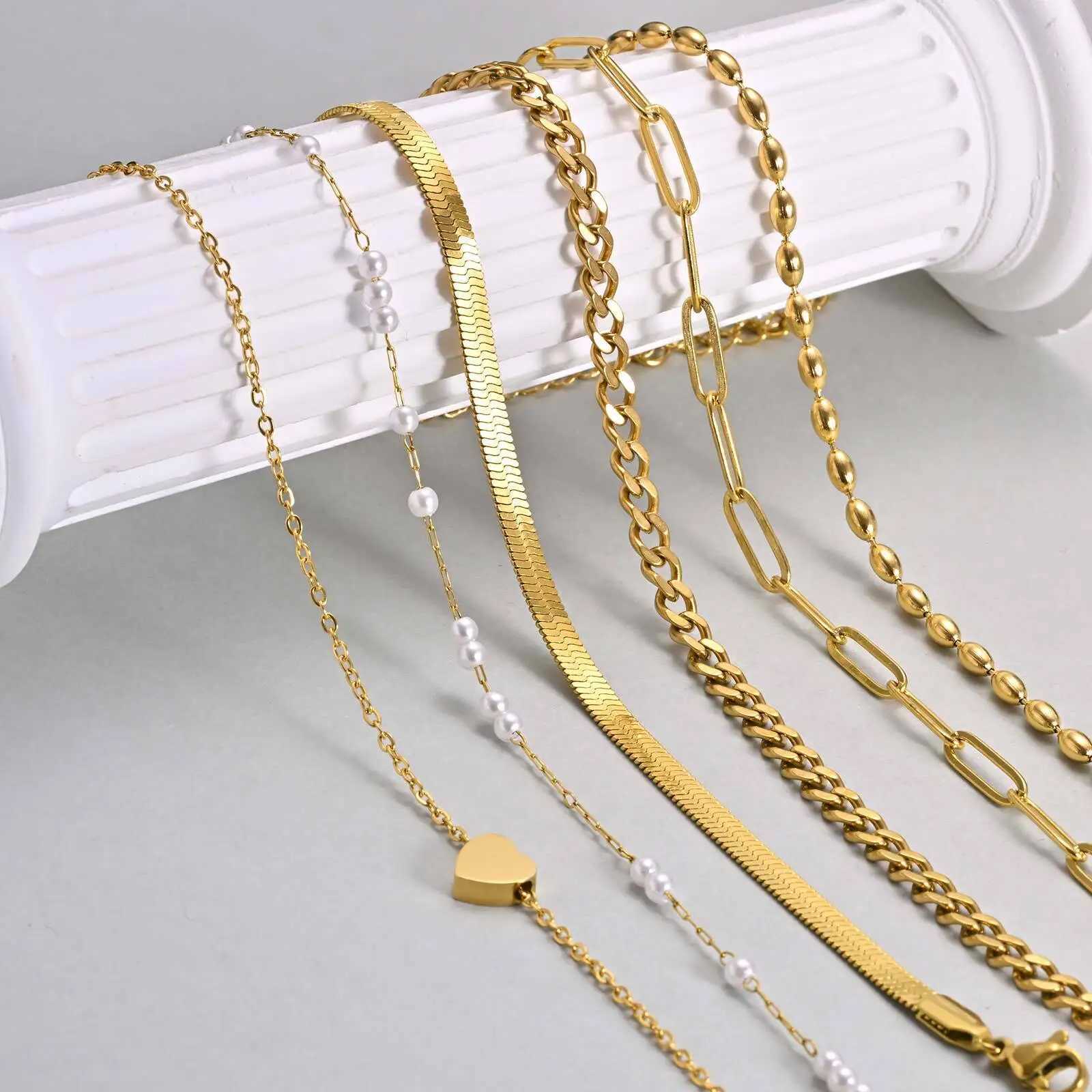 Waterproof Pearls Beaded Paperclip Evil Eye Anklet Bracelet Gold Plated Stainless Steel Link Chain Anklets Summer Beach Jewelry W250604