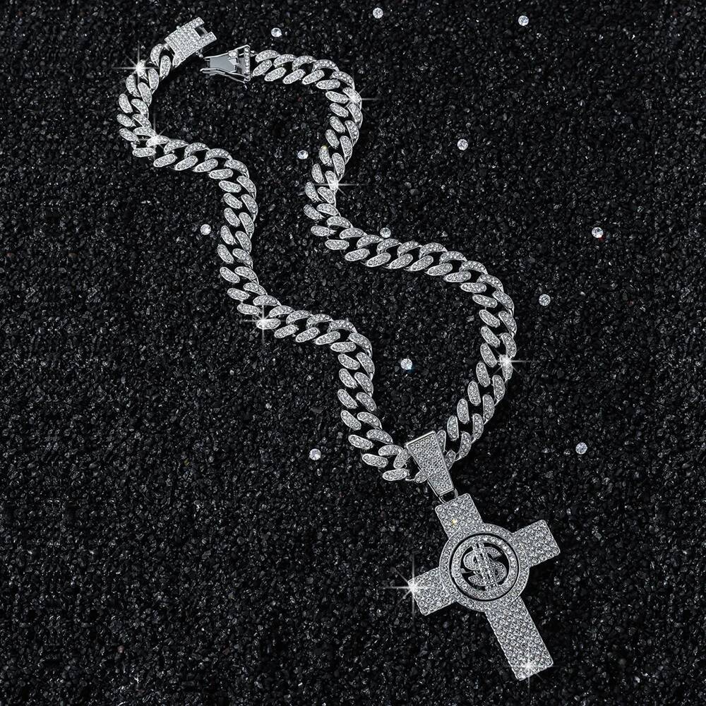 Men Hip Hop Cross Pendant Necklace with 13mm Miami Cuban Chain Rotatable US Dollar Money Sign Pendants Necklaces Fashion Jewelry