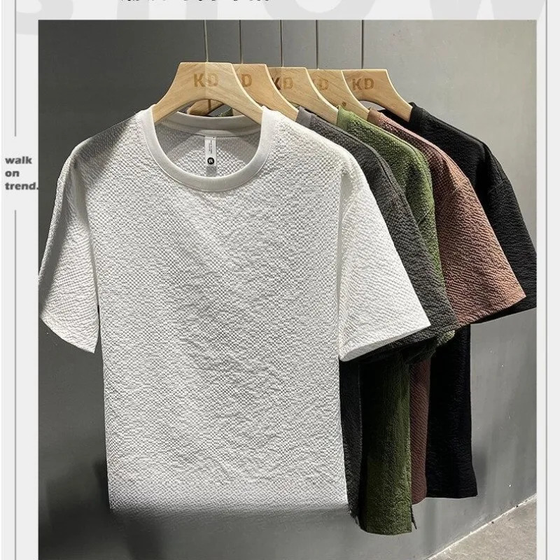 Texture Senior Summer Men T Shirts Round Neck Casual Solid Color Korean Breathable Short Sleeve Men Tops Outwear 250604