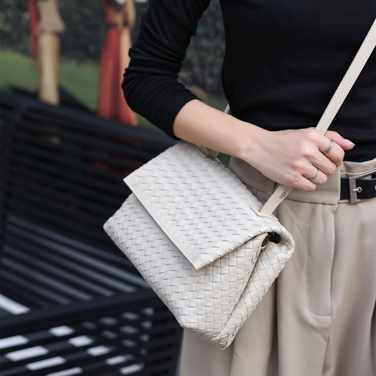 Real leather women's new woven rectangular bag with retro texture under the armpit shoulder crossbody bag designer shoulder bag