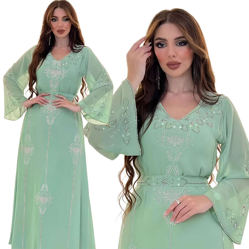 Because0176 Saudi Arabia Dubai Fashion Rhinestone Dress Summer Chiffon Robe Women's Clothing B5