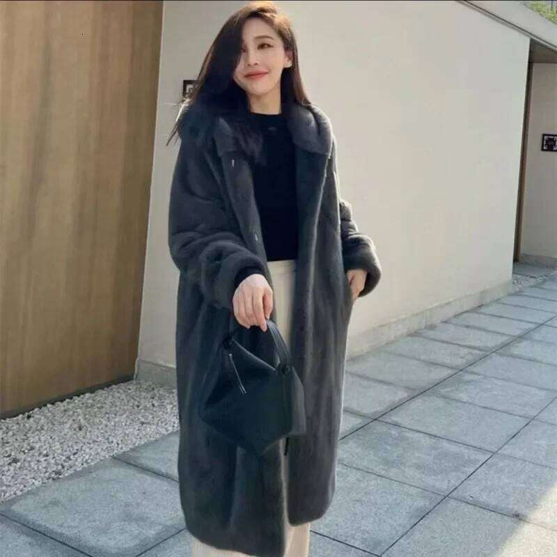 Hooded Medium Long New Mink Jacket National StyleThickened with Hat Fluff Autumn Winter Anti-season Clearance