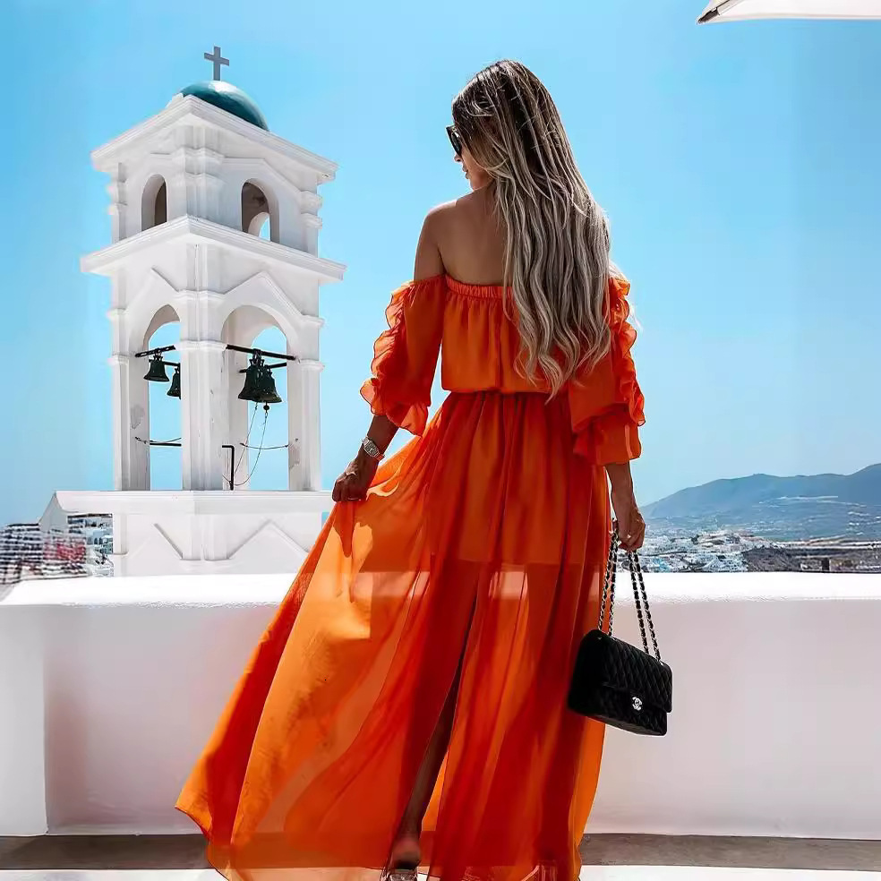 Summer Elegant Solid Ruffled Maxi Dress Women Chic Off Shoulder High Waist Beach Robe Vacation Lady Evening Party Vestidos 240715