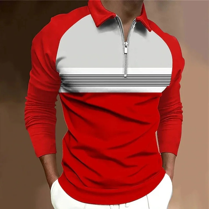Spring Autumn Men Long Sleeve Tops Polo Shirt Zipper Casual Fashion Stripe Golf 250604Z