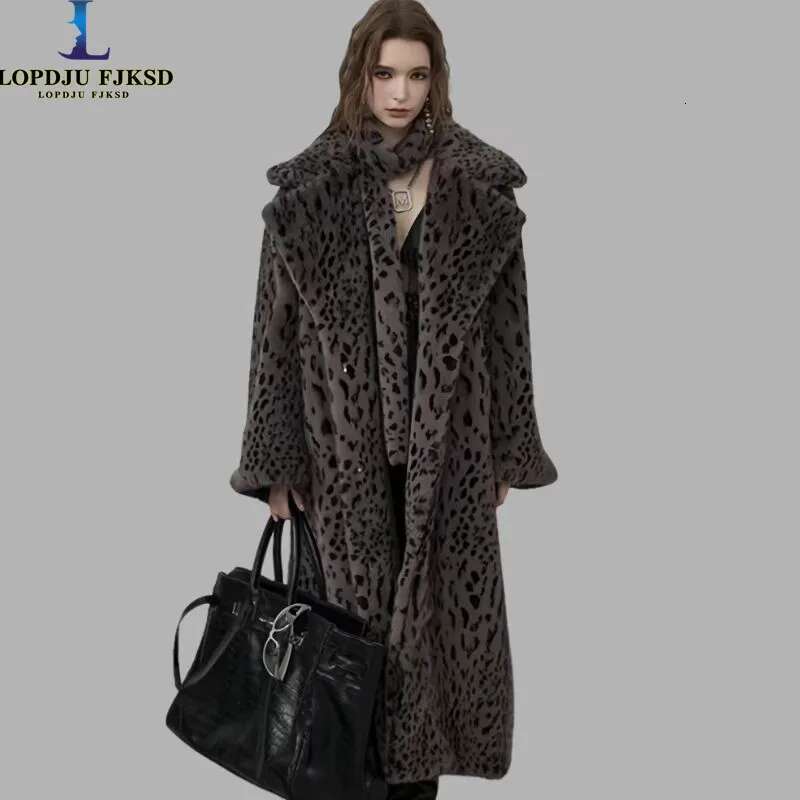 Winter Notched Lapel Collar Leopard Faux Mink Fur Coat Women Retro Tie Bow Sashes Belt Loose Warm England Style Long Outerwear