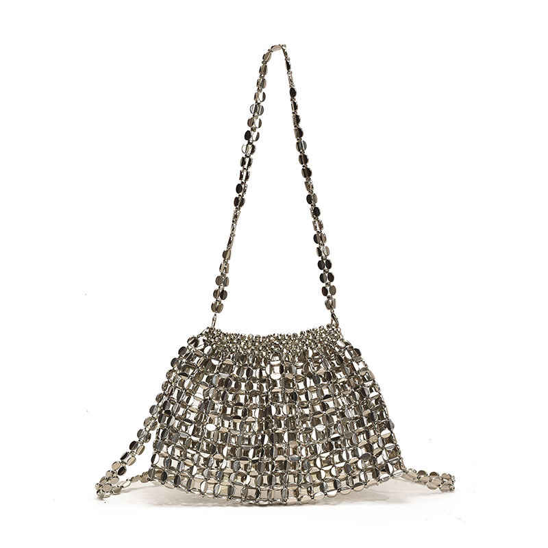2025 New Fashion Metallic Silver Hollow Out Single Shoulder Crossbody Bag Beaded Woven Stylish Underarm Parent-Child Bagy6