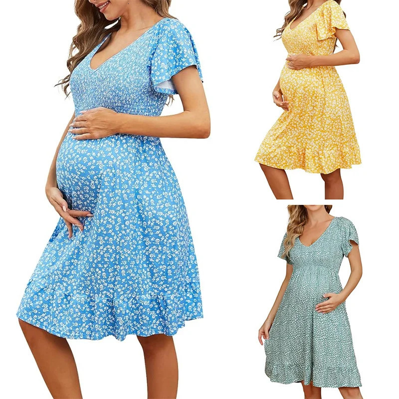 Maternity Summer Dress Style Breathable V-neck Floral Loose Fit Comfortable Casual Short-Sleeve Dress Slim Waist 250530