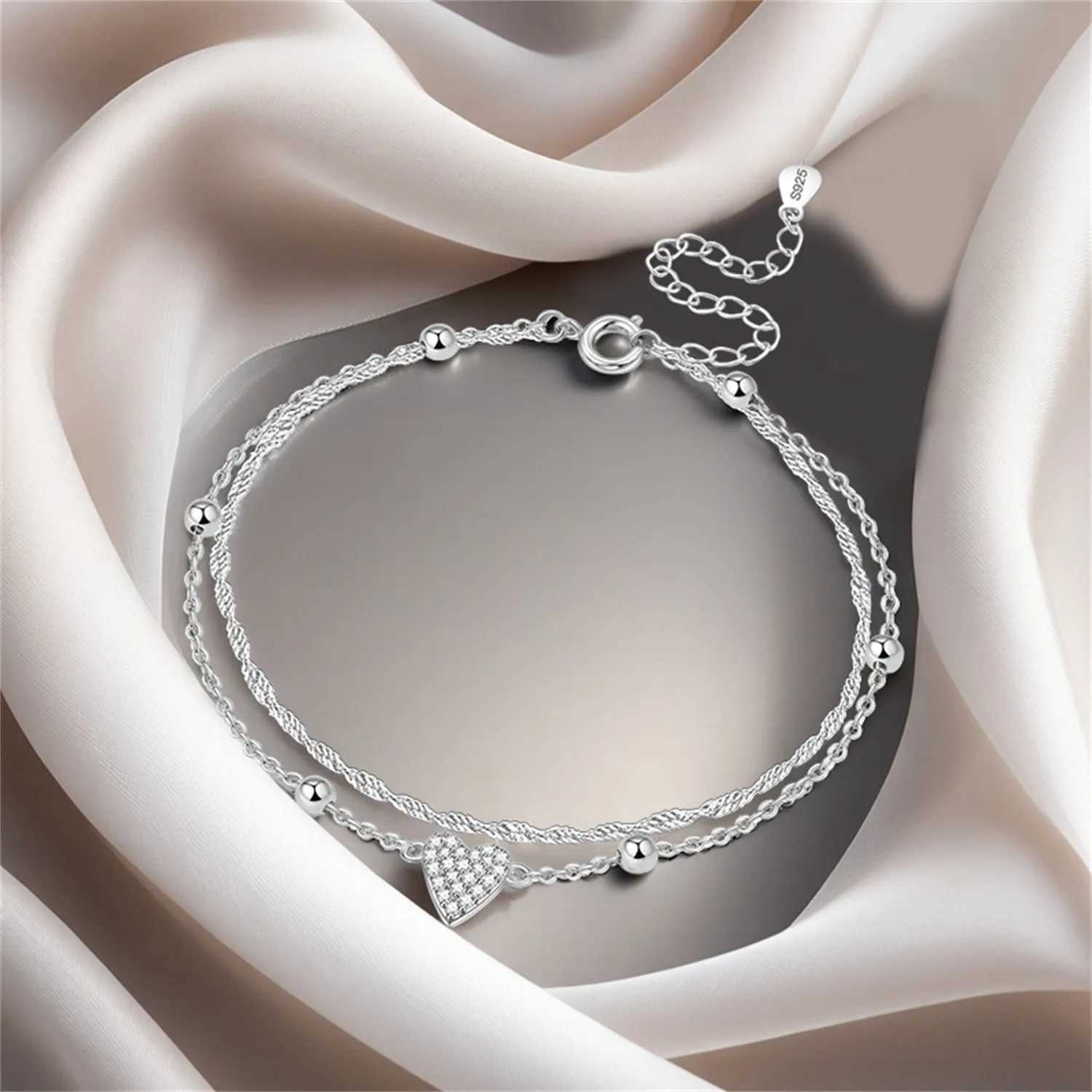 CYCUFF NEW 925 Sterling Silver Shiny Double-layer Love Anklet Charms Fashion Versatile Anklet Birthday Party Jewelry Gift Making W250604