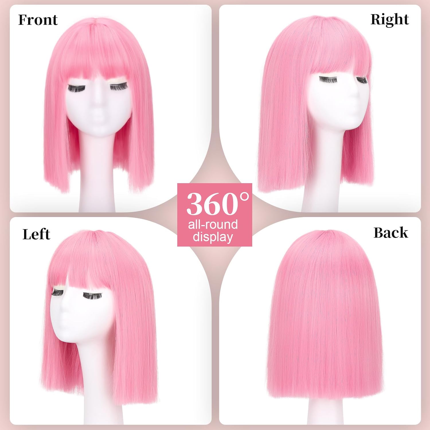 Pink Bob Wig With Bangs - Short Straight human hair wig, 12Inch Heat Resistant Synthetic Hair, Natura Looking For Daily Party Use