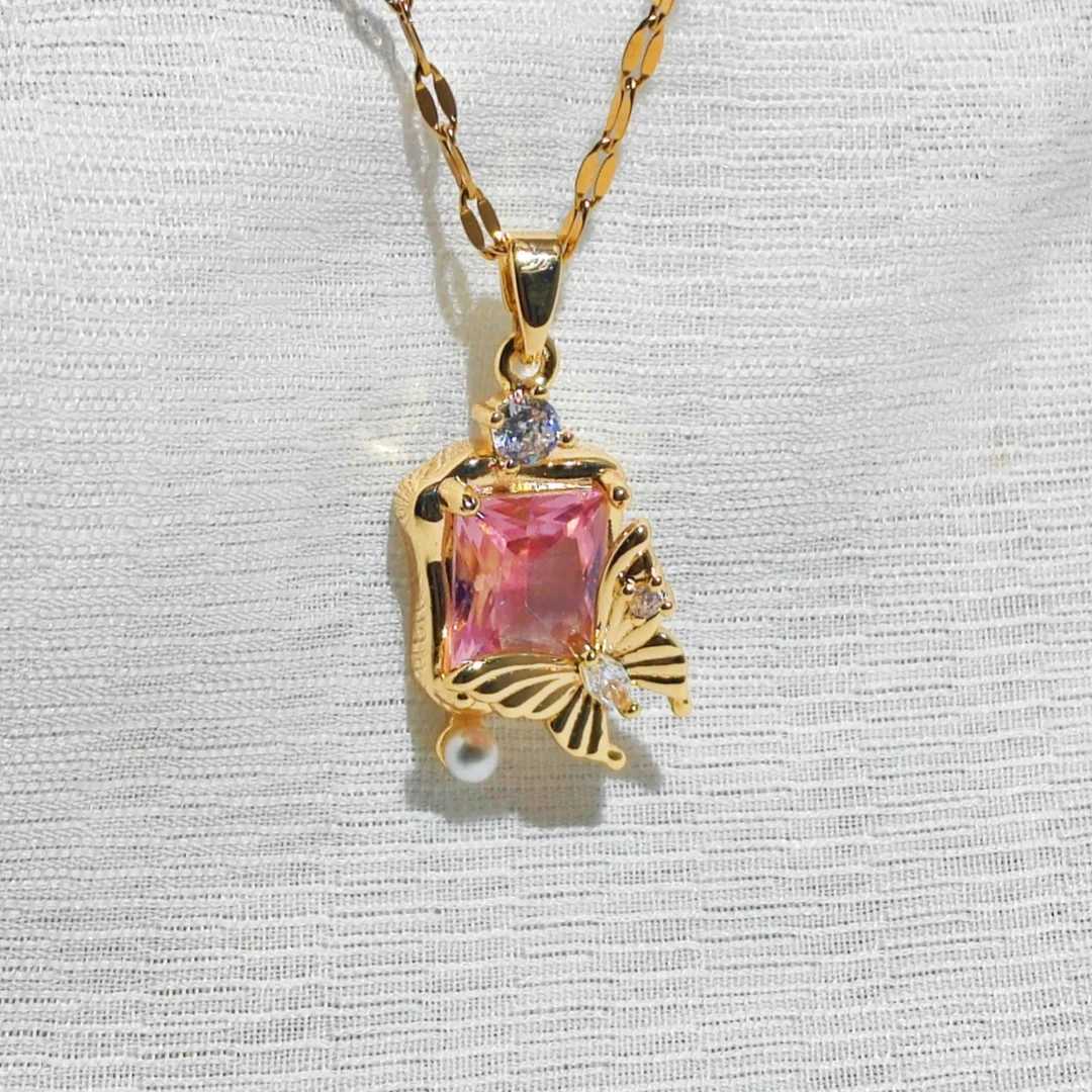 Luxurious Pink Butterfly Square Zircon Titanium Steel Necklace with Micro-Inlaid Pearl Pendant for Women XJ250604