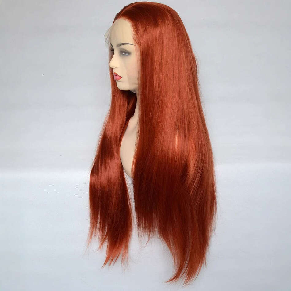 Brown Red Women's Handwoven Front Lace 350#Long Straight Synthetic Hair Wig With Half Hand-Tied Bangs