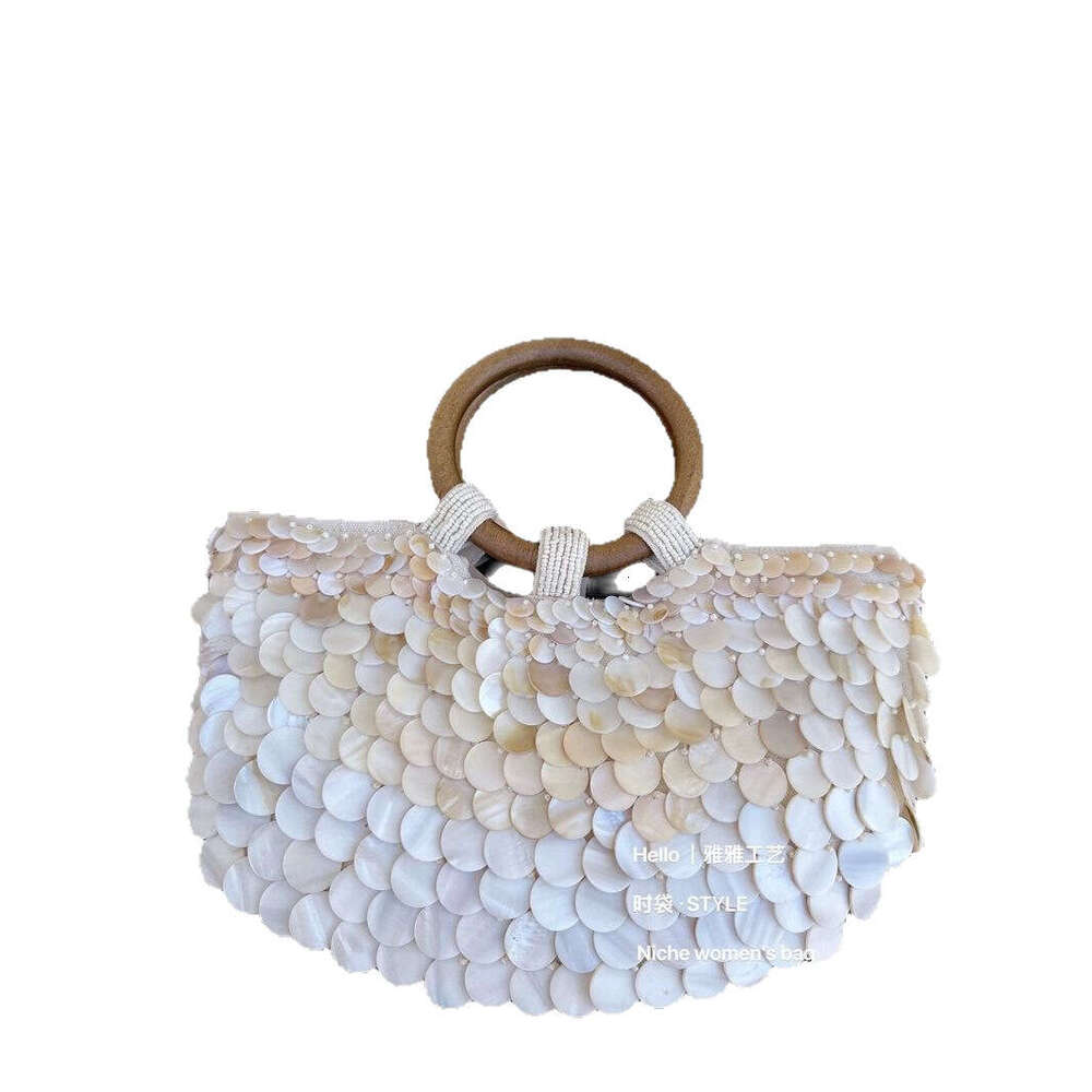 Woven Bag Leather Early Spring New Internet Celebrity Same Style Korean Niche Shell Wooden Handle Beaded Handbag Tote Bag Soft Woven Tote