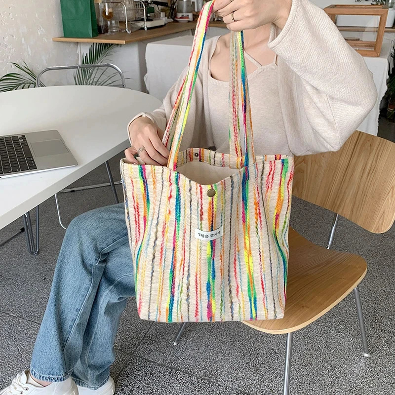 JIOMAY Handbags for Women 2024 er Beach Bag Casual with Buckle Cute Tote Bags Stripes Shopper Rainbow Canvas Shoulder Bag 250603