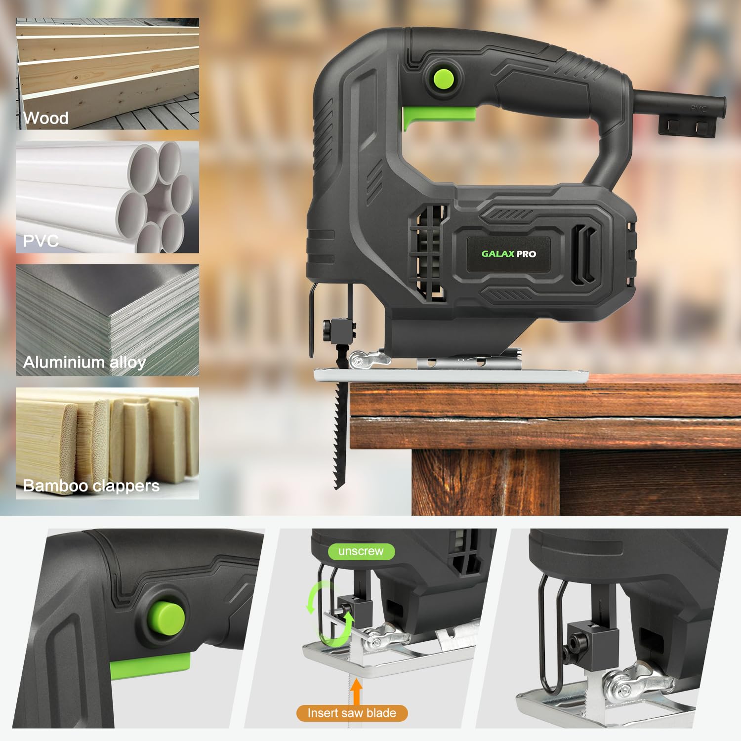 GALAX PRO 400W Variable Speed Jigsaw, 3000 SPM, 45° Bevel Cutting, Lock-on Button, Includes Blades for Wood and Metal