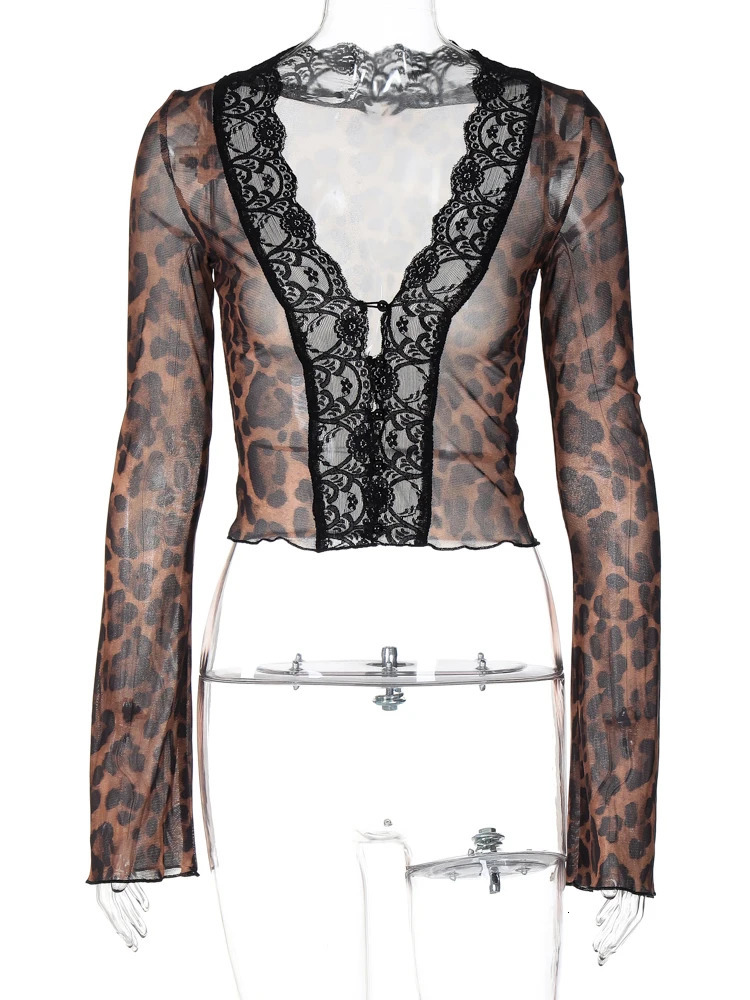 Hawthaw Women Spring Summer Long Sleeve Party Club Streetwear Leopard Crop Tops T Shirts Wholesale Items For Business 250603