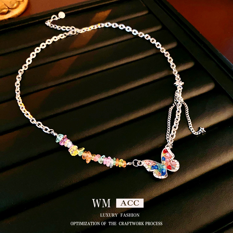 Titanium steel diamond inlaid butterfly necklace with dopamine personality design, clavicle chain, niche, light luxury