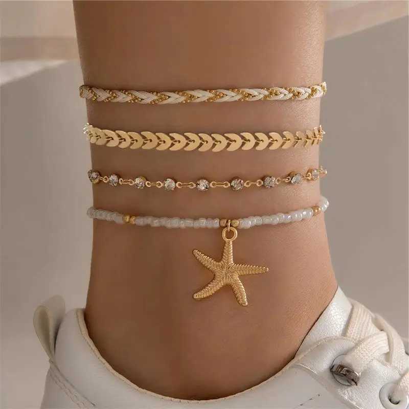 4pc/set Bohemian Rice Beads Starfish Shell Pendant Anklet for Women Trendy Summer Beach Multilayer Anklet Foot Sandals Jewelry W250604