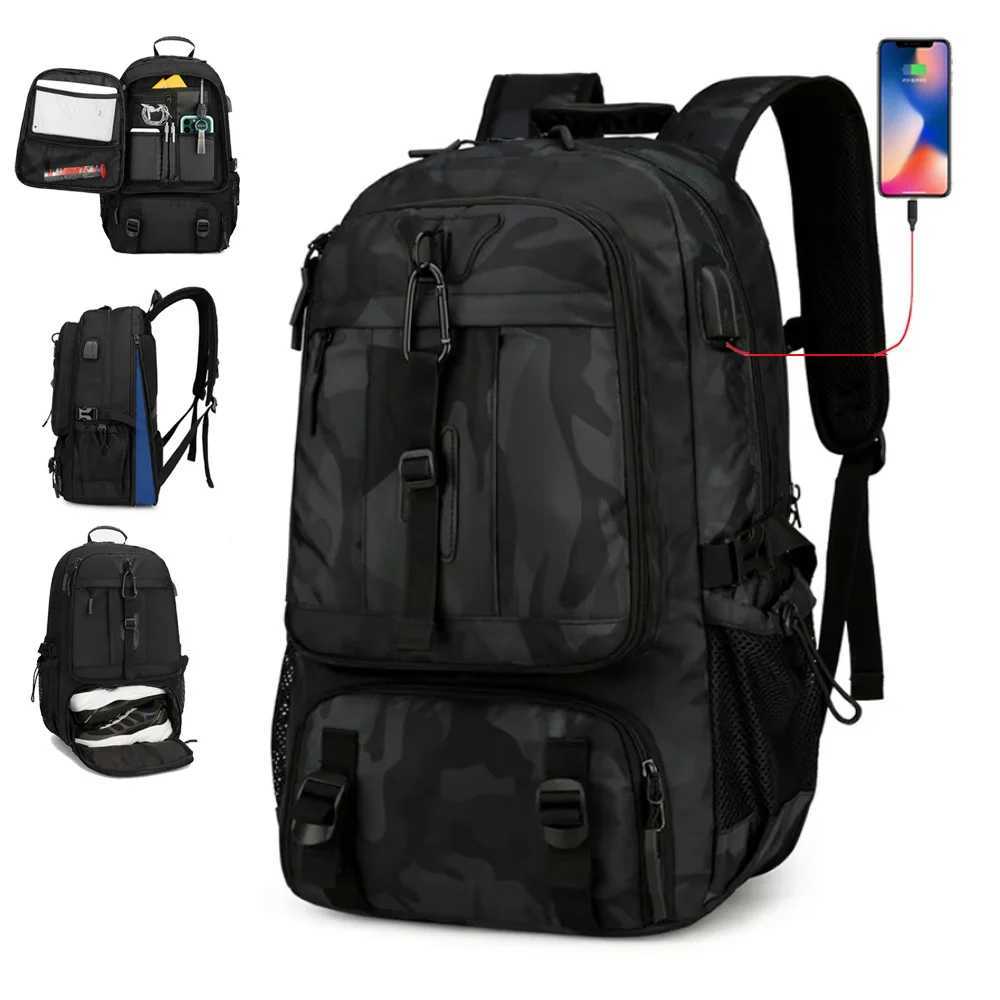 USB Camping Backpack Travel Bag with Shoes Pocket Outdoor Sport Men Large Hiking Climbing Camouflage Expandable Laptop RucksackW250603
